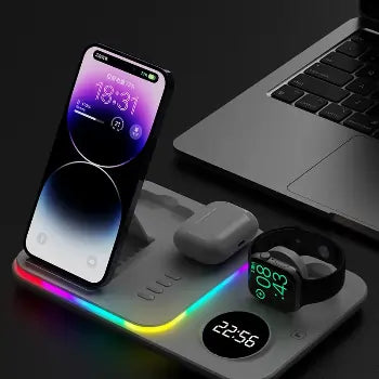 3-in-1 RGB Wireless Charger – Foldable Dock with LED Clock